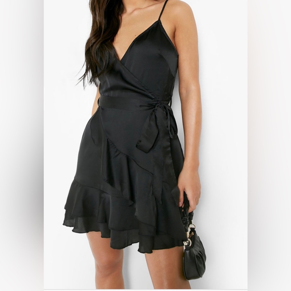 SATIN FRILL SKIRT WRAP SKATER DRESS. Size 12 / black NWT